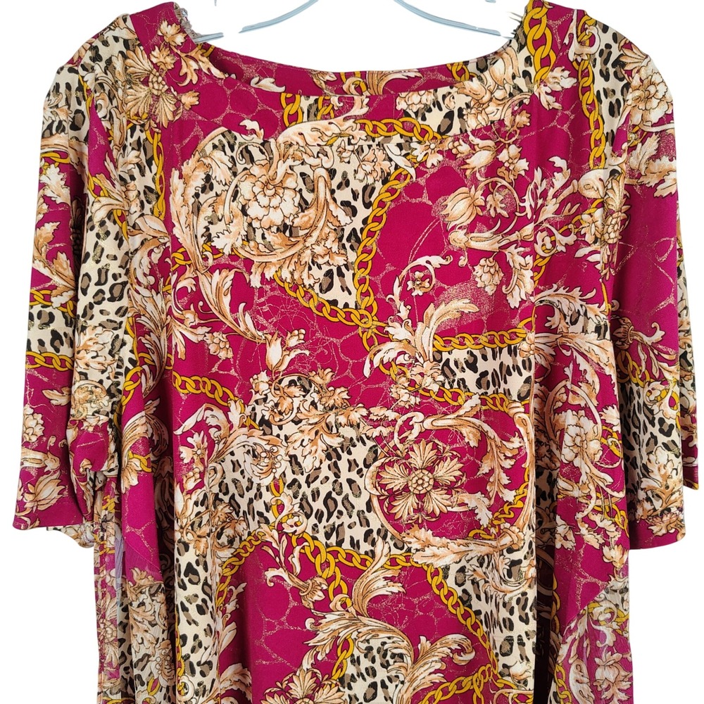Womens 1X Simonton Says Tunic Pink Leopard Baroque Gold Chain Mob Wife Aesthetic
